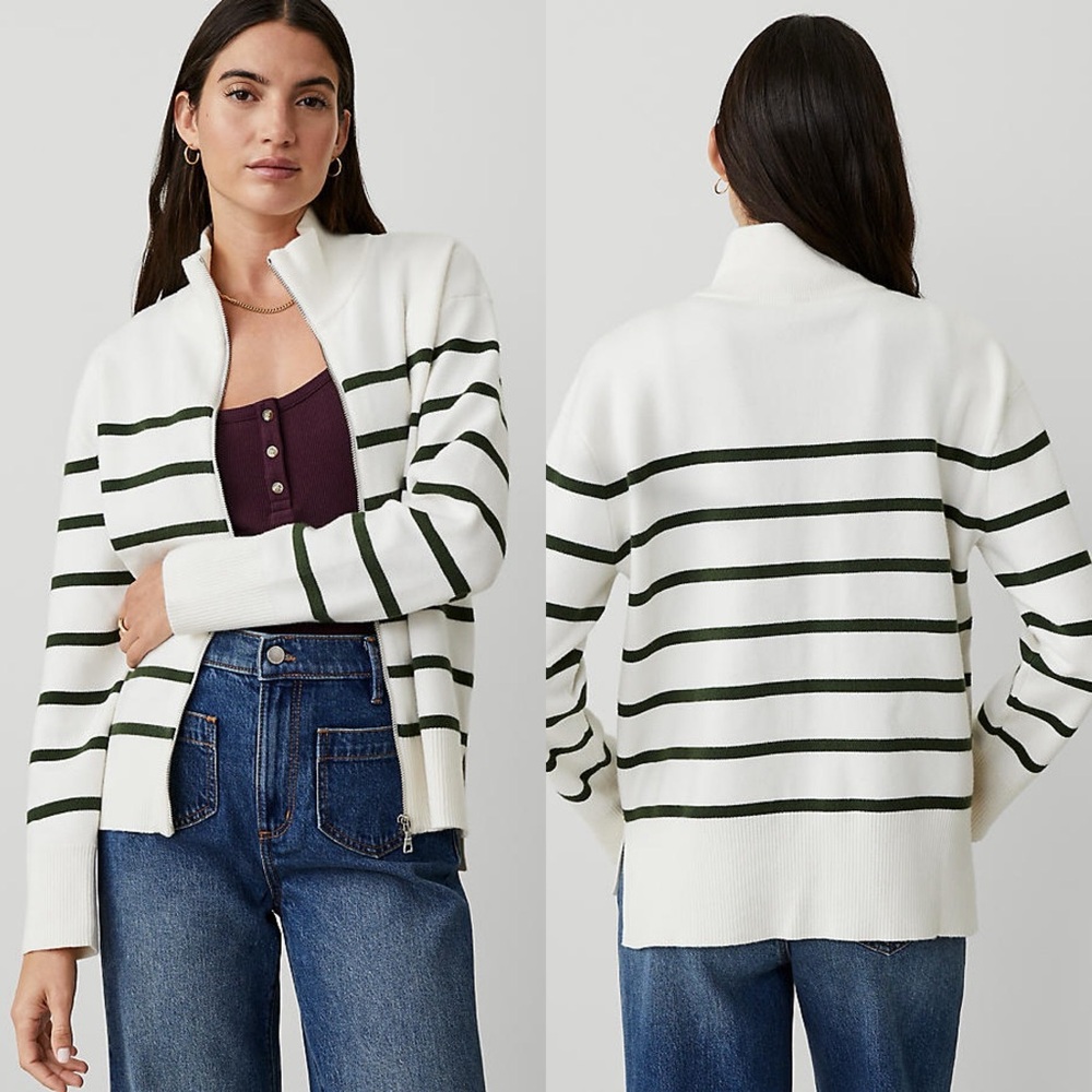 Ann Taylor White Zip-Front Cardigan with Dark Green Stripes